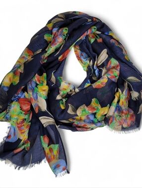 Patricia Nash Lafleur Lightweight Scarf Navy Blue Floral 24x72